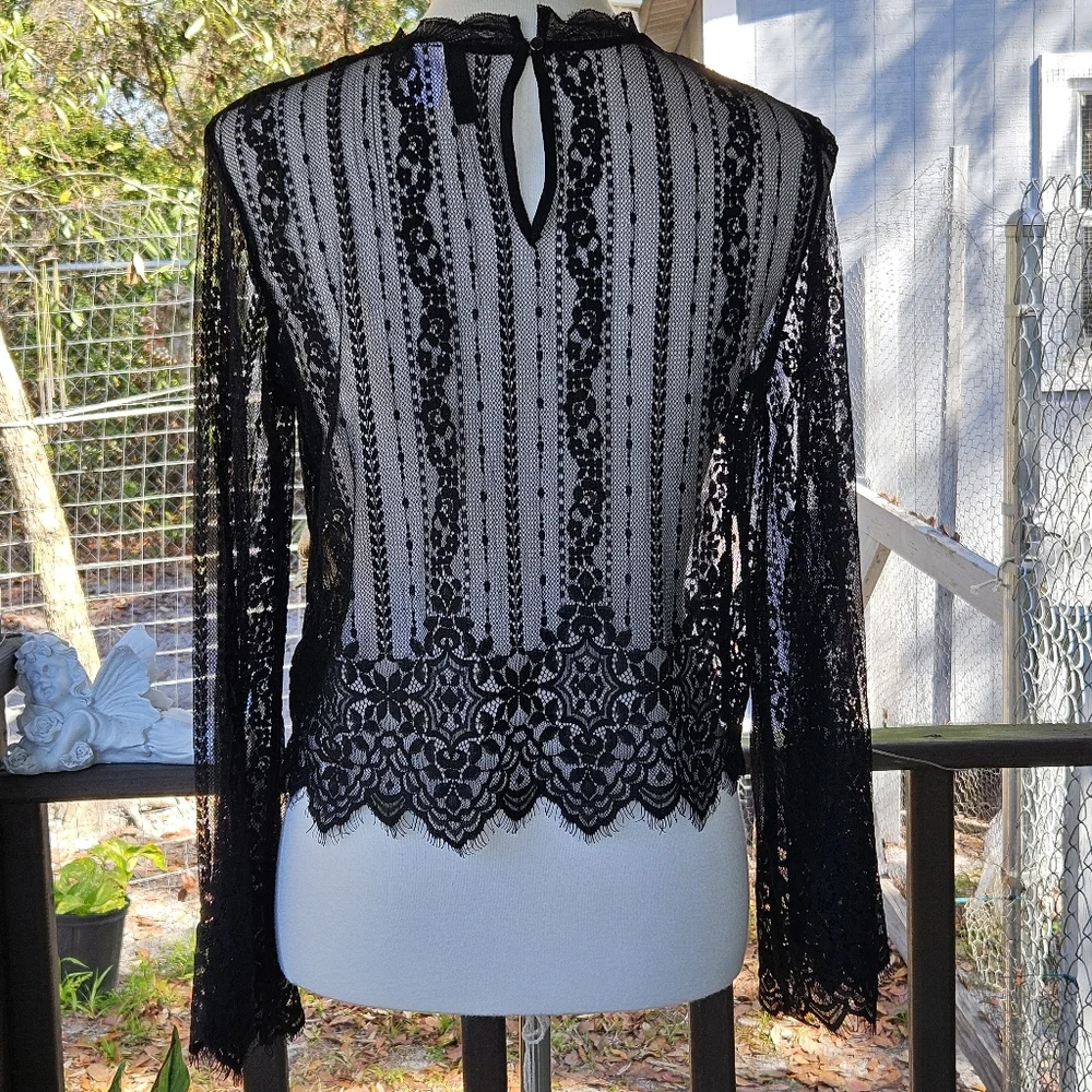 H&M Divided Sheer Black Lace LS Top Scalloped Hem Blouse Size 2 Goth Layering